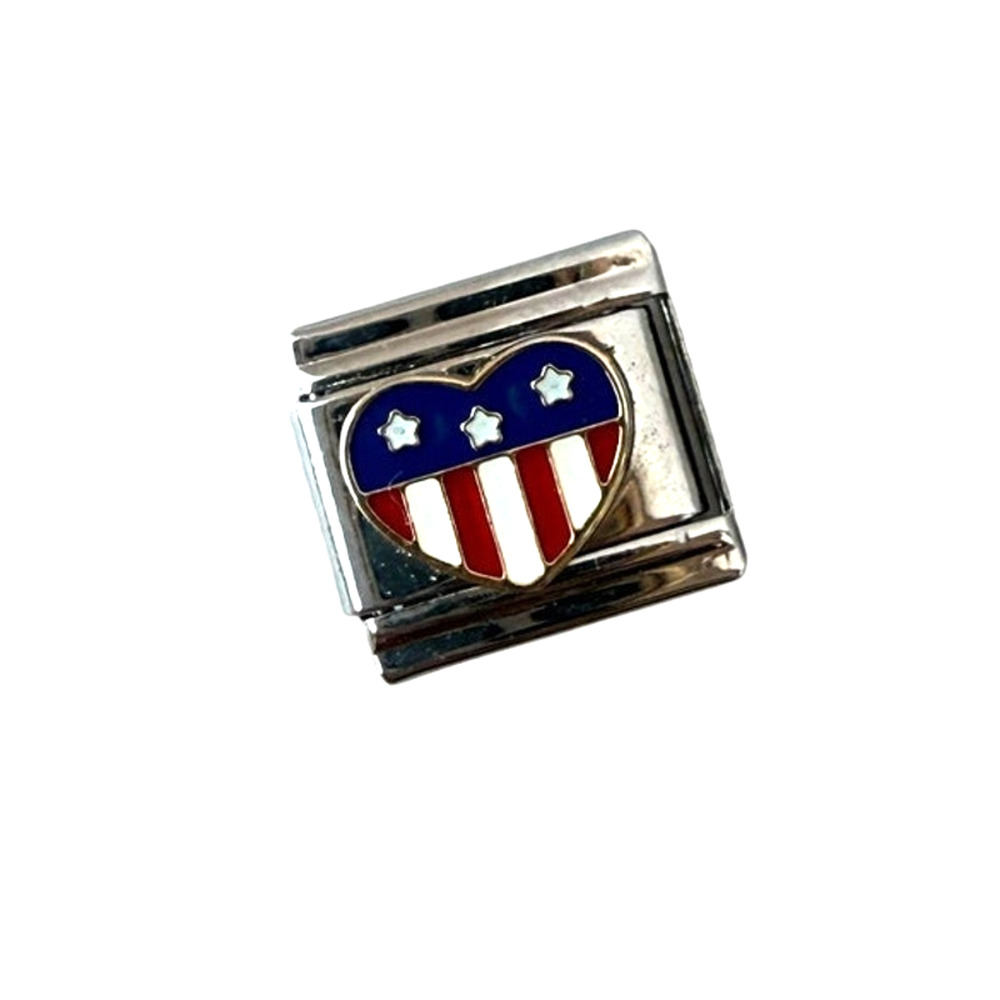 Heart American Flag Italian Charm Bracelet Link 9mm Stainless Steel Y2K NEW